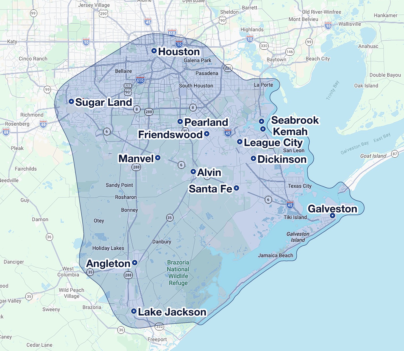 Texas Dumpster Rentals service area map covering Houston, Sugar Land, Pearland, League City, Galveston, Lake Jackson and surrounding cities